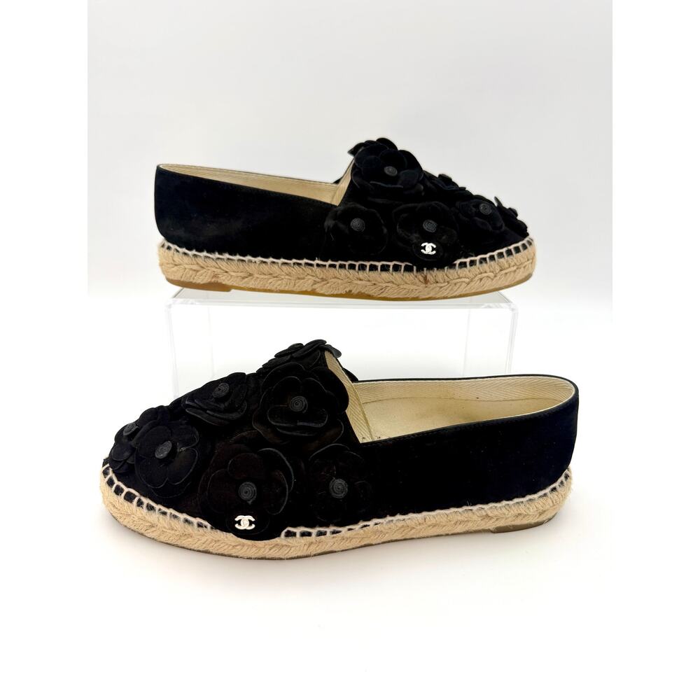 Chanel Interlocking CC Logo Camellia Espadrilles Black Suede Size 39 / 9 - Picture 2 of 16